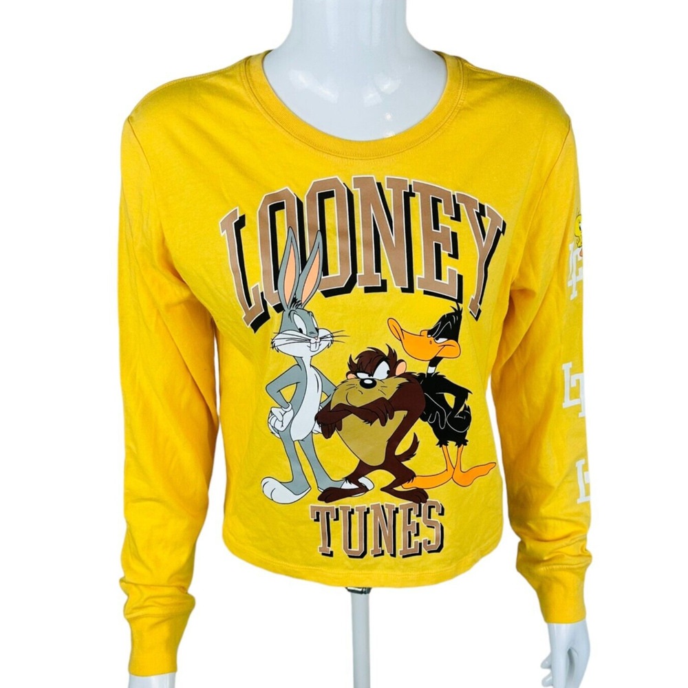 New Looney Toons Junior Sz‎ Small T Shirt Yellow Bunny Duck Long Sleeve Crop NWT